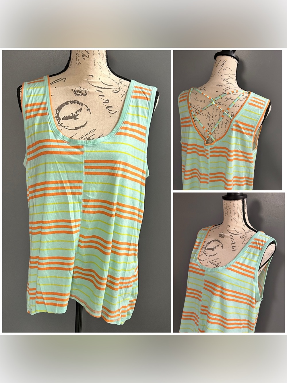 City Streets Mint Green & Orange Striped Crisscross Back Tank